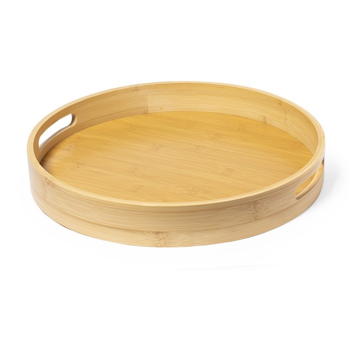 Bandeja circular para bebidas de bambú natural con doble agarre color madera segunda vista Bandeja circular para bebidas de bambú natural con doble agarre color madera segunda vista