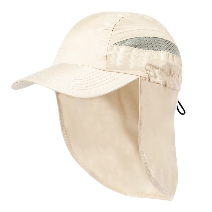 Gorra de microfibra bicolor con cierre elástico y cubre cuello color natural primera vista Gorra de microfibra bicolor con cierre elástico y cubre cuello color natural primera vista