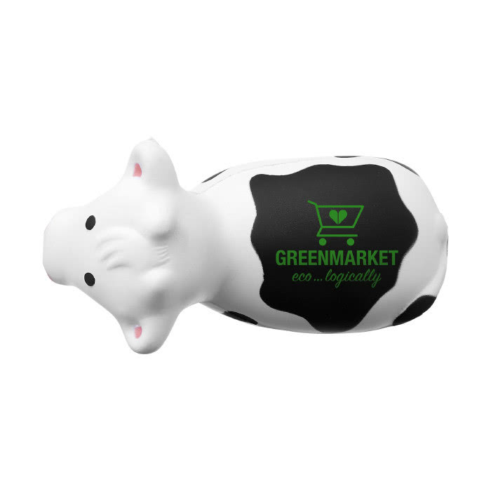 Antiestrés en forma de vaca color blanco con logo