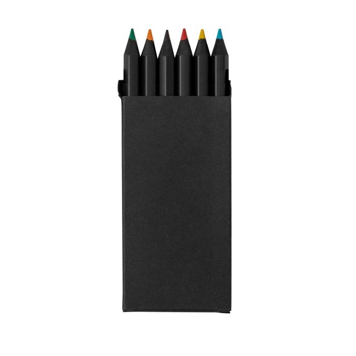 Set de 6 lápices de madera negra en estuche de cartón reciclado color negro primera vista Set de 6 lápices de madera negra en estuche de cartón reciclado color negro primera vista