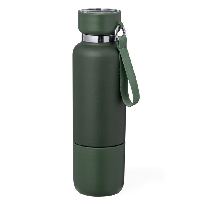 Termo acero inox de 500ml con vaso de 300ml y asa de transporte color verde primera vista Termo acero inox de 500ml con vaso de 300ml y asa de transporte color verde primera vista