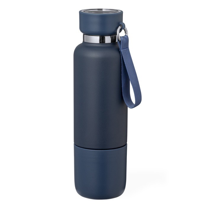 Termo acero inox de 500ml con vaso de 300ml y asa de transporte color azul marino primera vista Termo acero inox de 500ml con vaso de 300ml y asa de transporte color azul marino primera vista