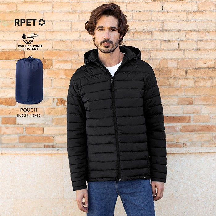 Chaqueta de 100% RPET resistente al agua con capucha ajustable color negro Chaqueta de 100% RPET resistente al agua con capucha ajustable color negro
