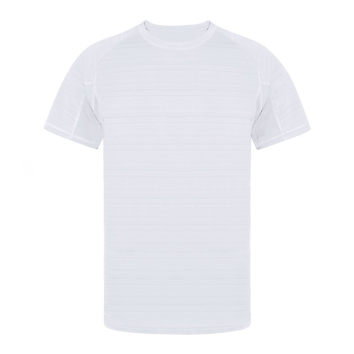 Camiseta técnica unisex de 100% poliéster con diseño a rayas 135 g/m2 color blanco primera vista Camiseta técnica unisex de 100% poliéster con diseño a rayas 135 g/m2 color blanco primera vista