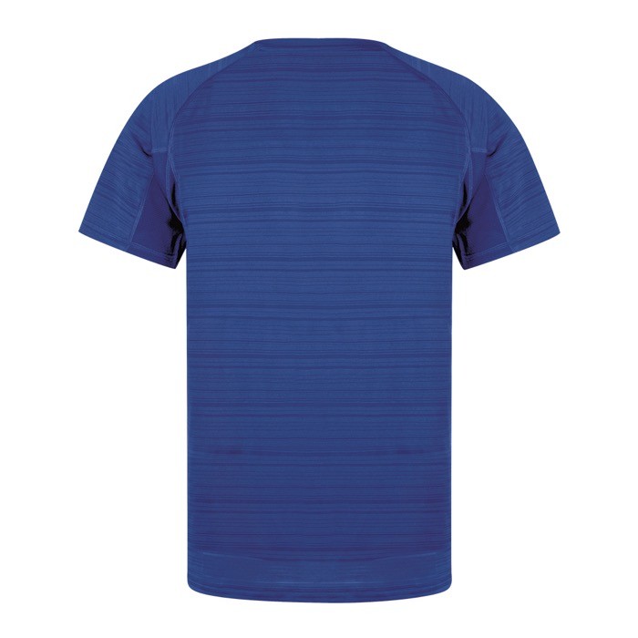 Camiseta técnica unisex de 100% poliéster con diseño a rayas 135 g/m2 color azul cuarta vista Camiseta técnica unisex de 100% poliéster con diseño a rayas 135 g/m2 color azul cuarta vista