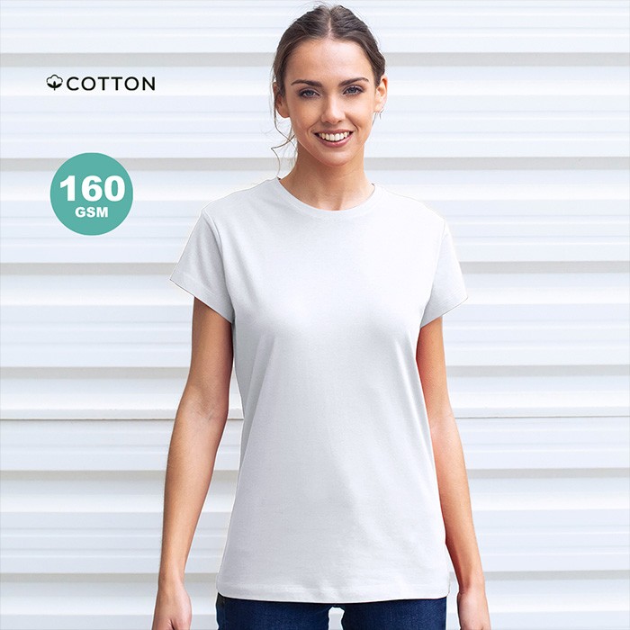 Camiseta blanca para mujer de cuello redondo 100% algodón 160 g/m2 color blanco Camiseta blanca para mujer de cuello redondo 100% algodón 160 g/m2 color blanco