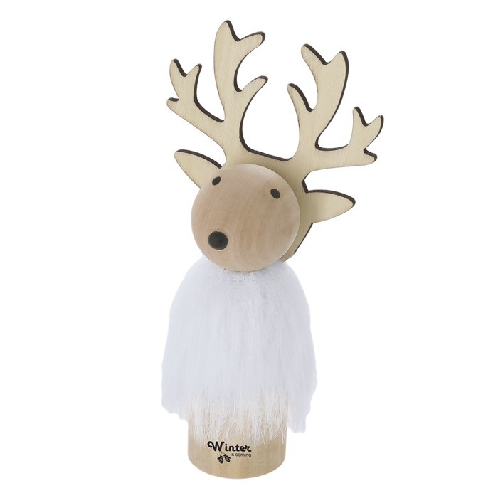 Adorno navideño de madera en forma de reno con pelaje blanco segunda vista