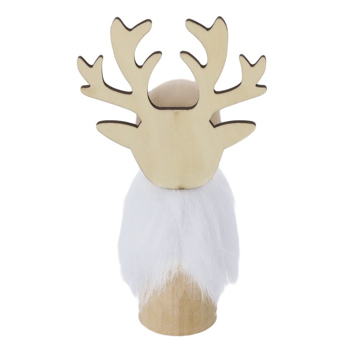 Adorno navideño de madera en forma de reno con pelaje blanco tercera vista