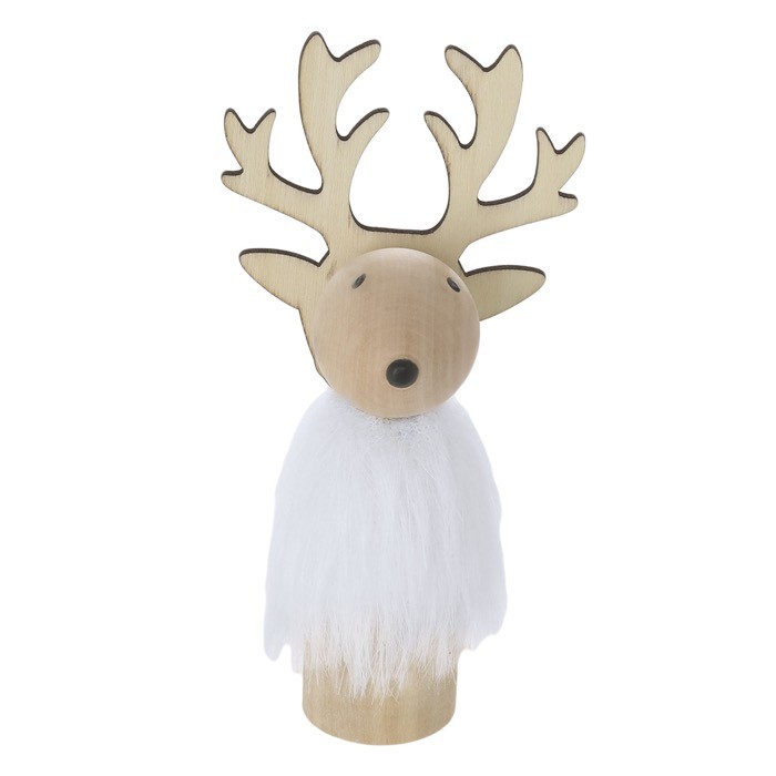 Adorno navideño de madera en forma de reno con pelaje blanco color natural primera vista