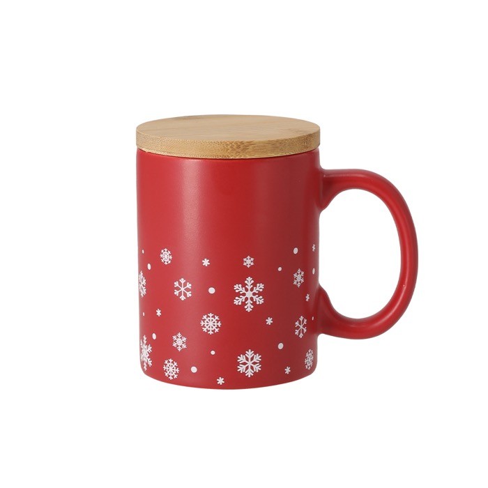 Taza de cerámica con diseño de copos de nieve y tapa de bambú 300ml segunda vista Taza de cerámica con diseño de copos de nieve y tapa de bambú 300ml segunda vista
