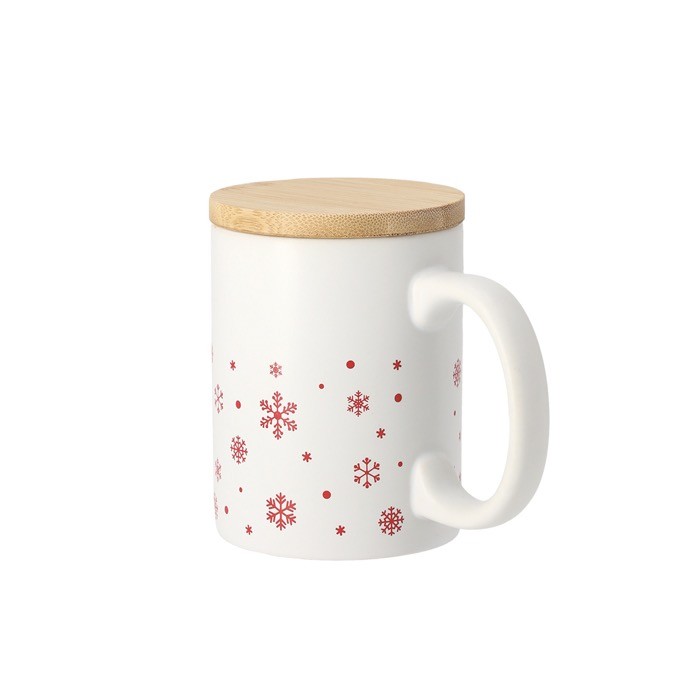 Taza de cerámica con diseño de copos de nieve y tapa de bambú 300ml color blanco primera vista Taza de cerámica con diseño de copos de nieve y tapa de bambú 300ml color blanco primera vista