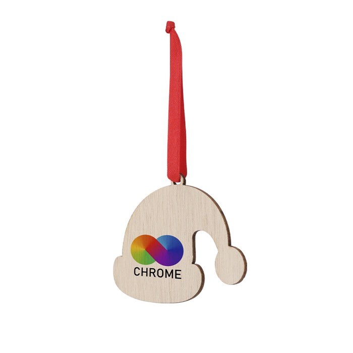 Adorno con diseño de gorro de Navidad hecho de madera y listón rojo tercera vista Adorno con diseño de gorro de Navidad hecho de madera y listón rojo tercera vista