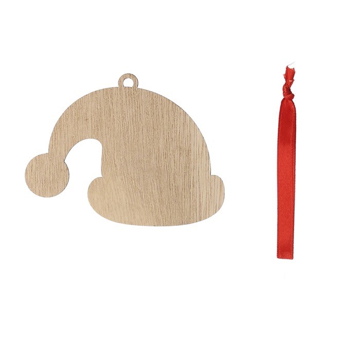 Adorno con diseño de gorro de Navidad hecho de madera y listón rojo color madera Adorno con diseño de gorro de Navidad hecho de madera y listón rojo color madera