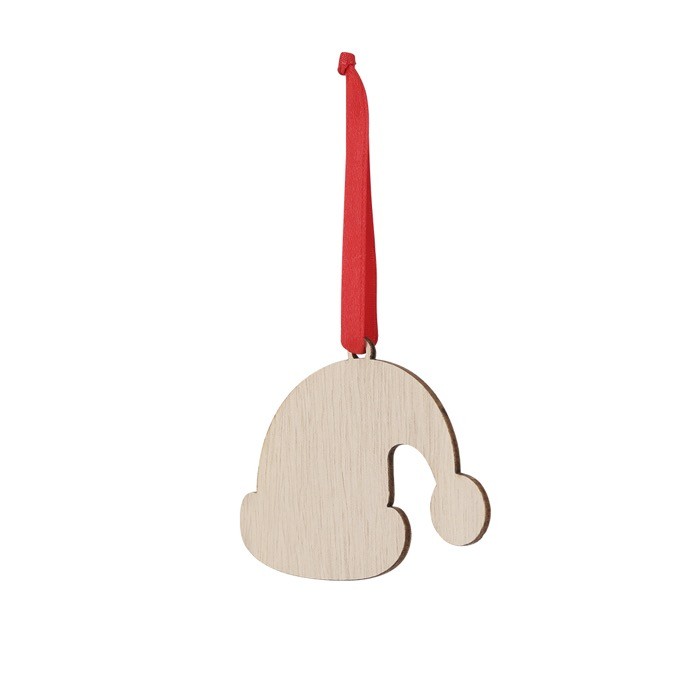 Adorno con diseño de gorro de Navidad hecho de madera y listón rojo color madera primera vista Adorno con diseño de gorro de Navidad hecho de madera y listón rojo color madera primera vista