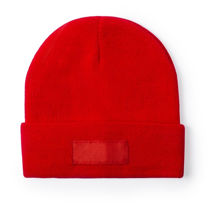 Gorro elástico para niños con dobladillo y etiqueta frontal para marcaje color rojo primera vista Gorro elástico para niños con dobladillo y etiqueta frontal para marcaje color rojo primera vista