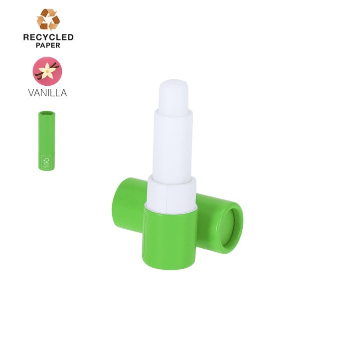 Bálsamo labial con protección SPF 15 en envase de cartón reciclado FSC color verde