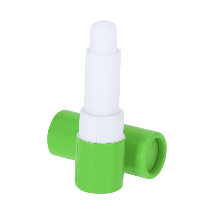 Bálsamo labial con protección SPF 15 en envase de cartón reciclado FSC color verde tecera vista