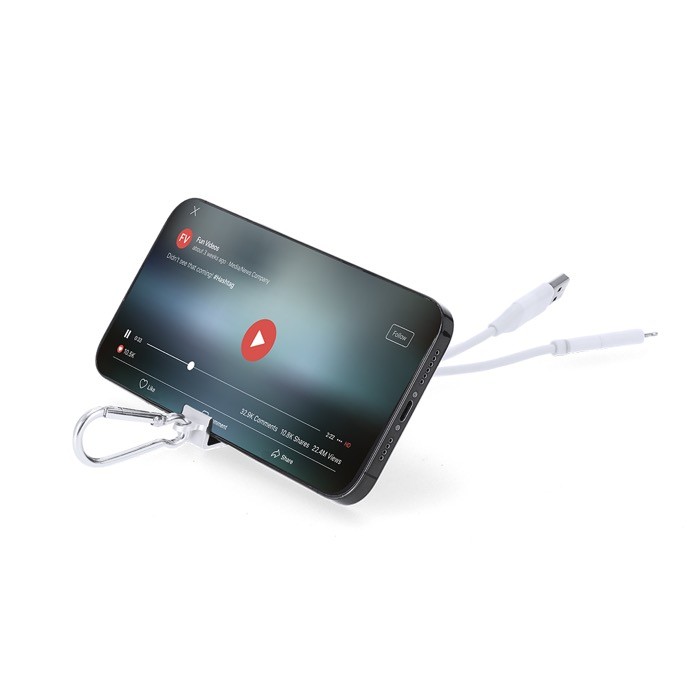 Hub USB de aluminio reciclado con soporte para móvil y mosquetón quinta vista Hub USB de aluminio reciclado con soporte para móvil y mosquetón quinta vista