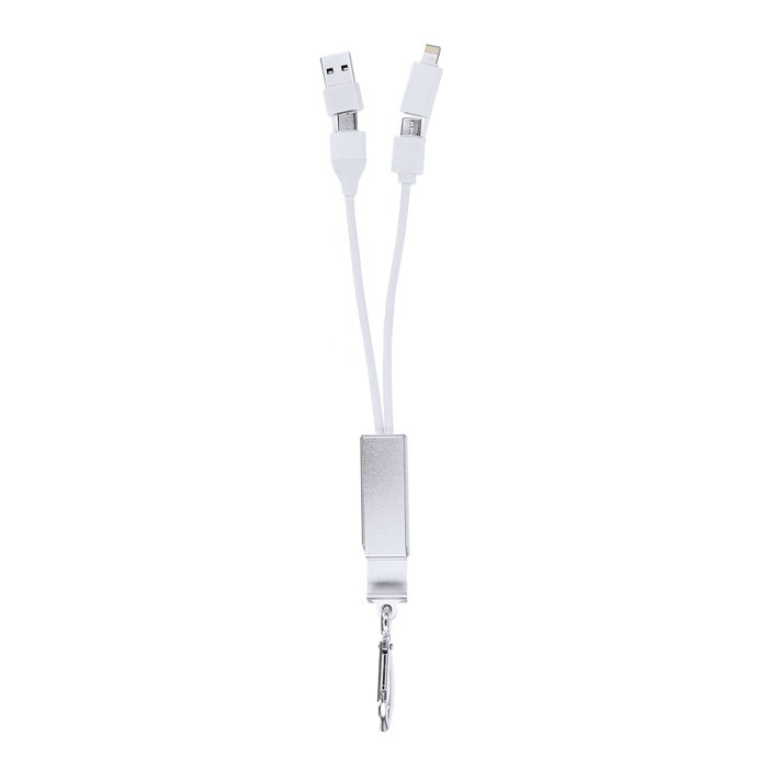 Hub USB de aluminio reciclado con soporte para móvil y mosquetón color plateado primera vista Hub USB de aluminio reciclado con soporte para móvil y mosquetón color plateado primera vista