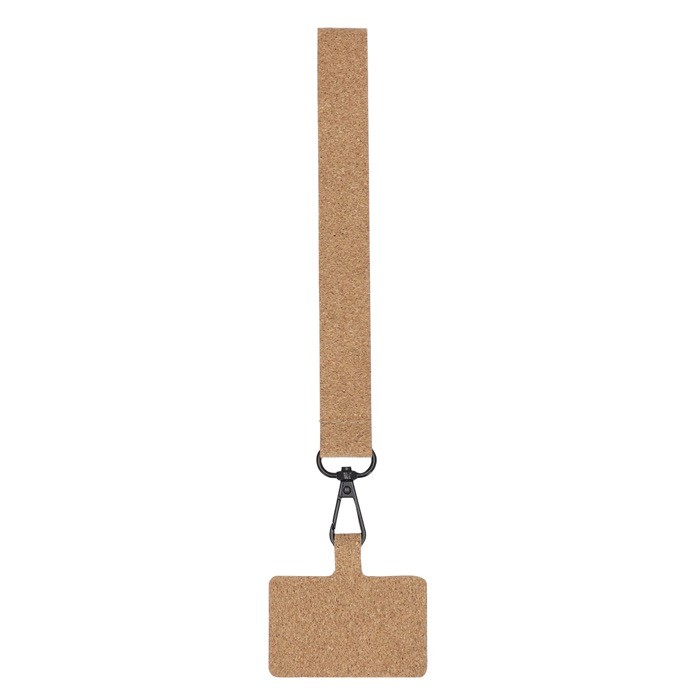Lanyard muñequera para smartphone hecha de corcho y mosquetón negro color natural primera vista