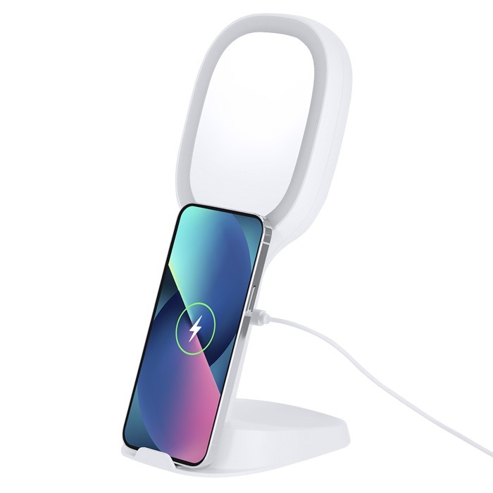 Espejo multifunción con cargador inalámbrico, soporte móvil y luz quinta vista Espejo multifunción con cargador inalámbrico, soporte móvil y luz quinta vista