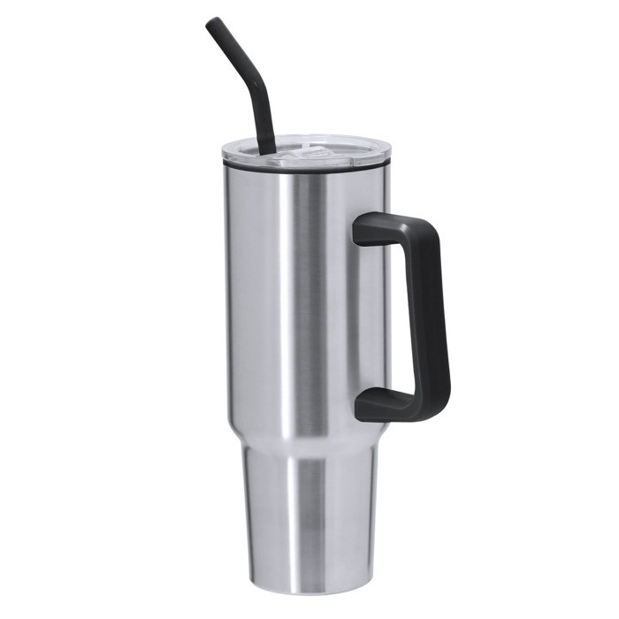 Vaso térmico de acero inoxidable con asa y pajita negra 1.2L segunda vista Vaso térmico de acero inoxidable con asa y pajita negra 1.2L segunda vista