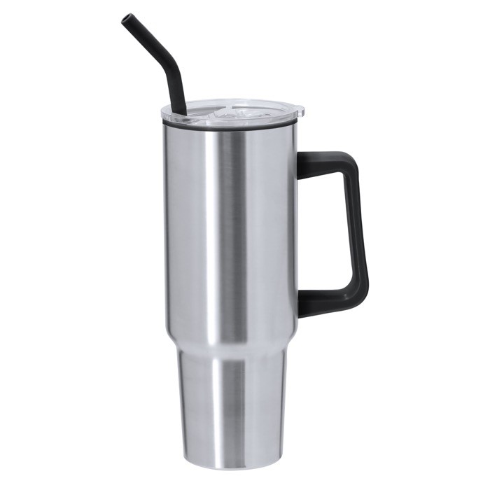 Vaso térmico de acero inoxidable con asa y pajita negra 1.2L color plateado primera vista Vaso térmico de acero inoxidable con asa y pajita negra 1.2L color plateado primera vista