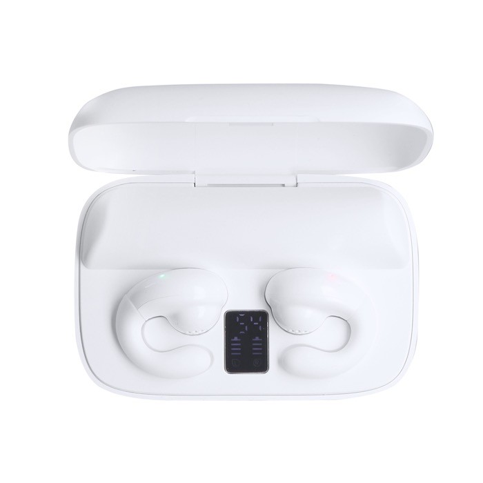 Auriculares en estuche blanco con función extra de powerbank segunda vista Auriculares en estuche blanco con función extra de powerbank segunda vista