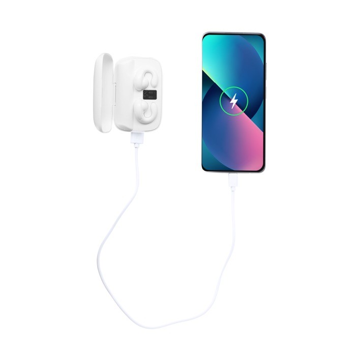 Auriculares en estuche blanco con función extra de powerbank tercera vista Auriculares en estuche blanco con función extra de powerbank tercera vista