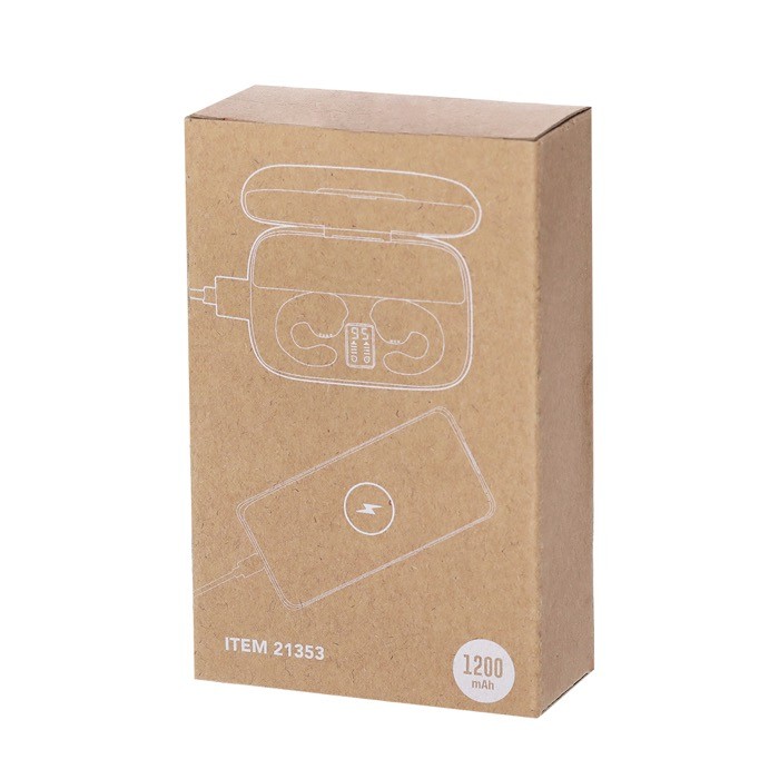 Auriculares en estuche blanco con función extra de powerbank vista con caja Auriculares en estuche blanco con función extra de powerbank vista con caja