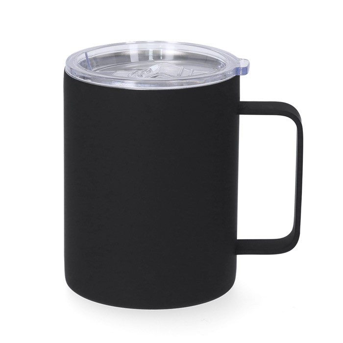 Taza térmica de acero inoxidable con acabado caucho y tapa 400ml color negro primera vista