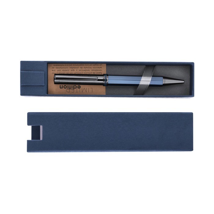 Bolígrafo de acero inox con empuñadura de diseño hexagonal tinta azul tercera vista
