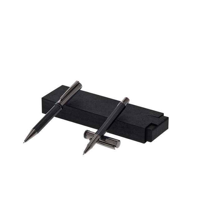 Elegante set de bolígrafo giratorio y roller con capucha de tinta azul color negro primera vista