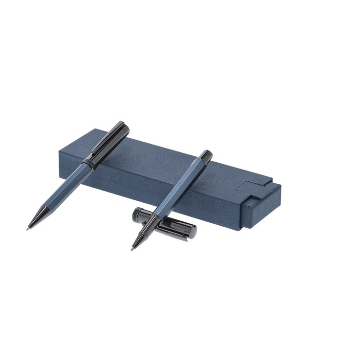 Elegante set de bolígrafo giratorio y roller con capucha de tinta azul color azul marino primera vista