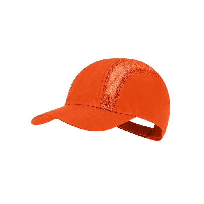 Gorra deportiva de microfibra con paneles transpirables color naranja primera vista Gorra deportiva de microfibra con paneles transpirables color naranja primera vista