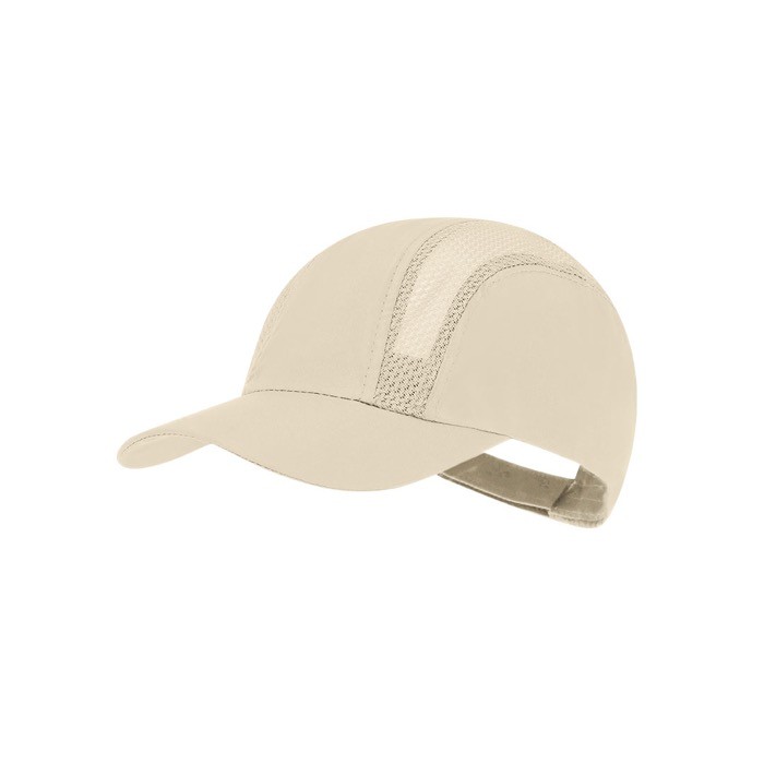 Gorra deportiva de microfibra con paneles transpirables color natural primera vista Gorra deportiva de microfibra con paneles transpirables color natural primera vista