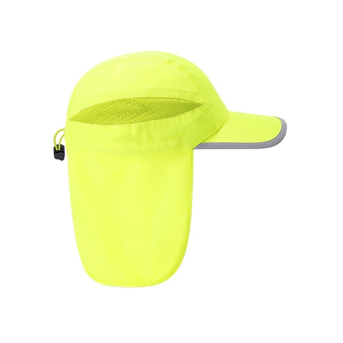 Gorra fluorescente ajustable y transpirable con solapa trasera cuarta vista Gorra fluorescente ajustable y transpirable con solapa trasera cuarta vista