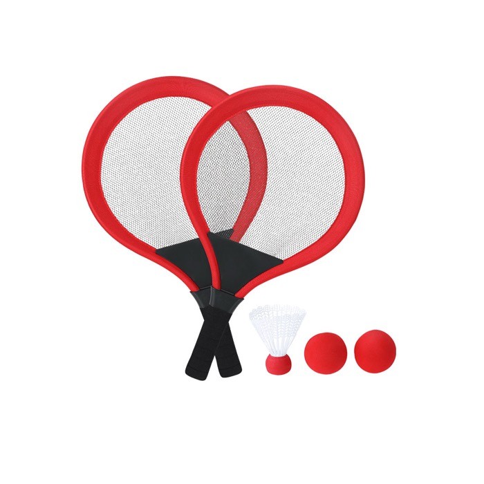 Set de 2 raquetas con 2 pelotas a juego y una pluma para aire libre tercera vista Set de 2 raquetas con 2 pelotas a juego y una pluma para aire libre tercera vista