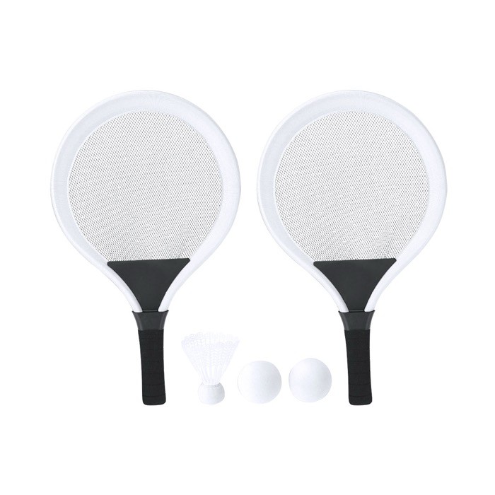 Set de 2 raquetas con 2 pelotas a juego y una pluma para aire libre color blanco primera vista Set de 2 raquetas con 2 pelotas a juego y una pluma para aire libre color blanco primera vista