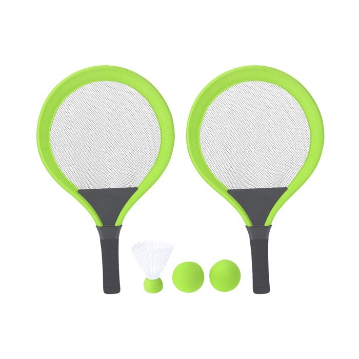 Set de 2 raquetas con 2 pelotas a juego y una pluma para aire libre color verde claro primera vista Set de 2 raquetas con 2 pelotas a juego y una pluma para aire libre color verde claro primera vista