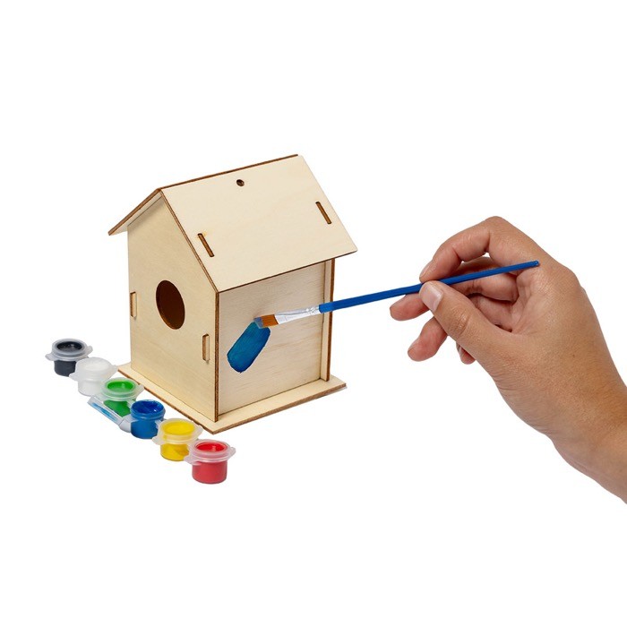 Casa de pájaros de madera con 6 pinturas a base de agua y pincel tercera vista