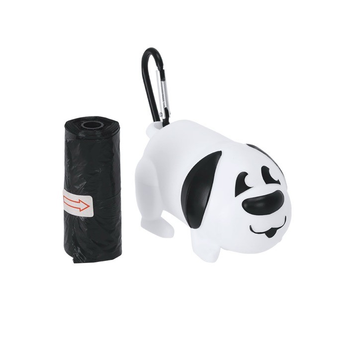 Dispensador de 15 bolsas para macotas en forma de perro color blanco primera vista Dispensador de 15 bolsas para macotas en forma de perro color blanco primera vista