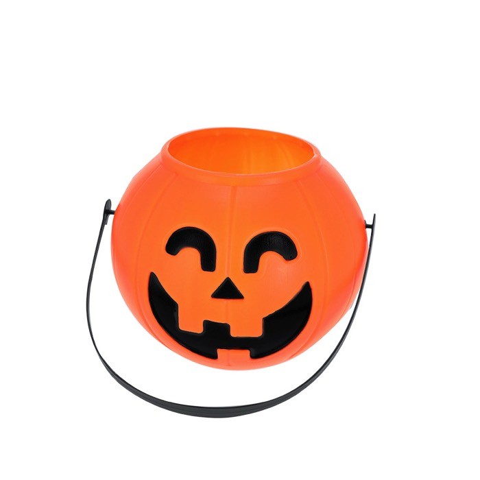 Cesta de halloween con diseño de calabaza y asa de agarre tercera vista Cesta de halloween con diseño de calabaza y asa de agarre tercera vista