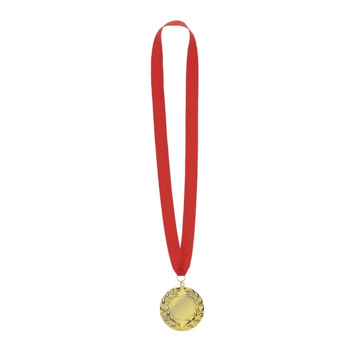 Clásica medalla ganadora con acabado dorado y cinta roja Clásica medalla ganadora con acabado dorado y cinta roja