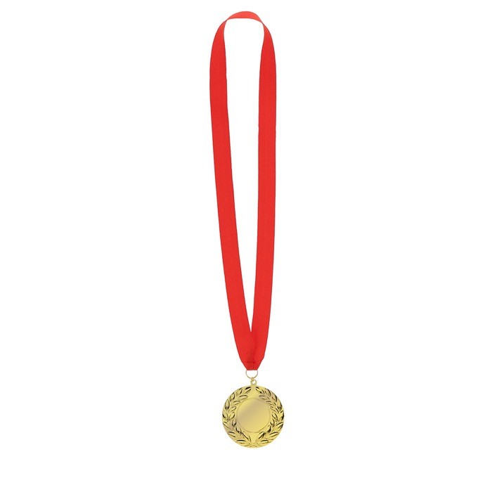 Clásica medalla ganadora con acabado dorado y cinta roja color dorado primera vista Clásica medalla ganadora con acabado dorado y cinta roja color dorado primera vista