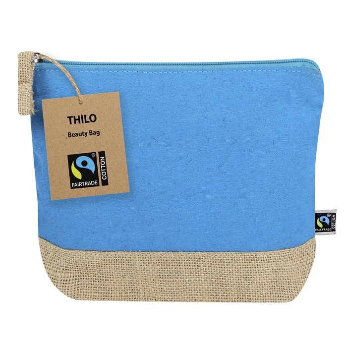 Neceser de algodón con certificación Fairtrade y base de yute color azul claro primera vista Neceser de algodón con certificación Fairtrade y base de yute color azul claro primera vista