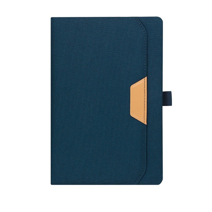 Libreta con bolsillo exterior y detalle marrón en PU A5 hojas a rayas color azul marino primera vista