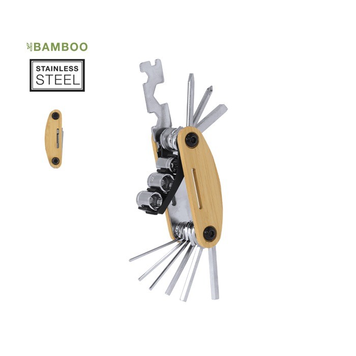 Multiherramienta de acero inox y bambú con 15 funciones