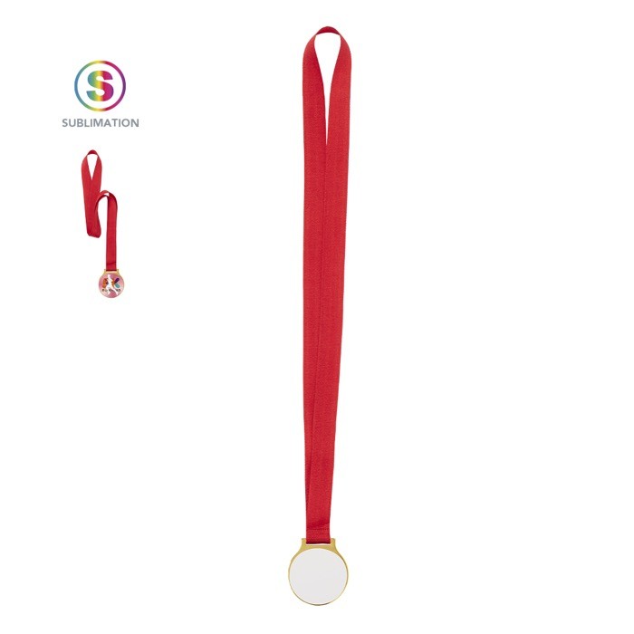 Típica medalla metálica con acabado dorado y cinta en rojo