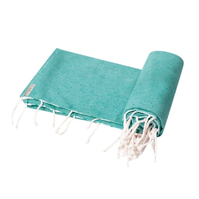 Fino pareo de algodón reciclado y RPET con flecos blancos 180 g/m2 segunda vista Fino pareo de algodón reciclado y RPET con flecos blancos 180 g/m2 segunda vista